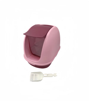 Pink pet litter box with a white scoop on a white background at Pet Servo