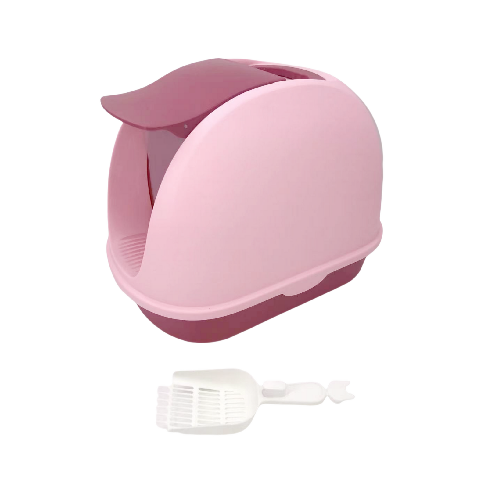 Pink pet litter box with a white scoop on a white background at Pet Servo