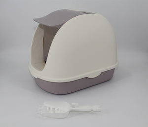 Cat litter box with a gray top and base on a white background at Pet Servo