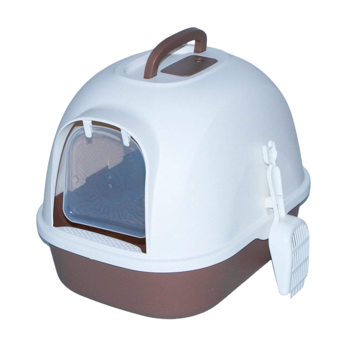 A white and brown plastic litter box with a transparent viewing door, a top handle, and a white plastic scoop attached to the side, shown on a plain white background at Pet Servo