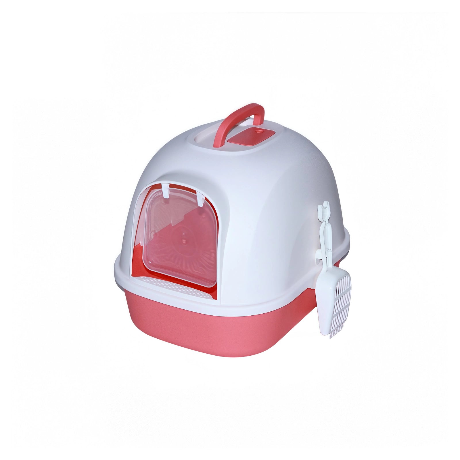A white and pink plastic cat litter box with a transparent front window, a top handle, and a side-mounted scoop, shown on a plain white background at Pet Servo