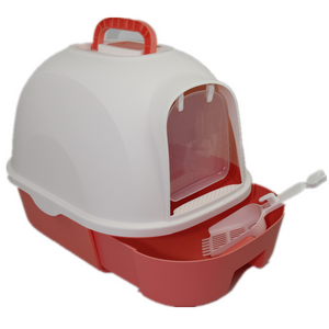 Red and white pet litter box with a transparent dome on a white background at Pet Servo
