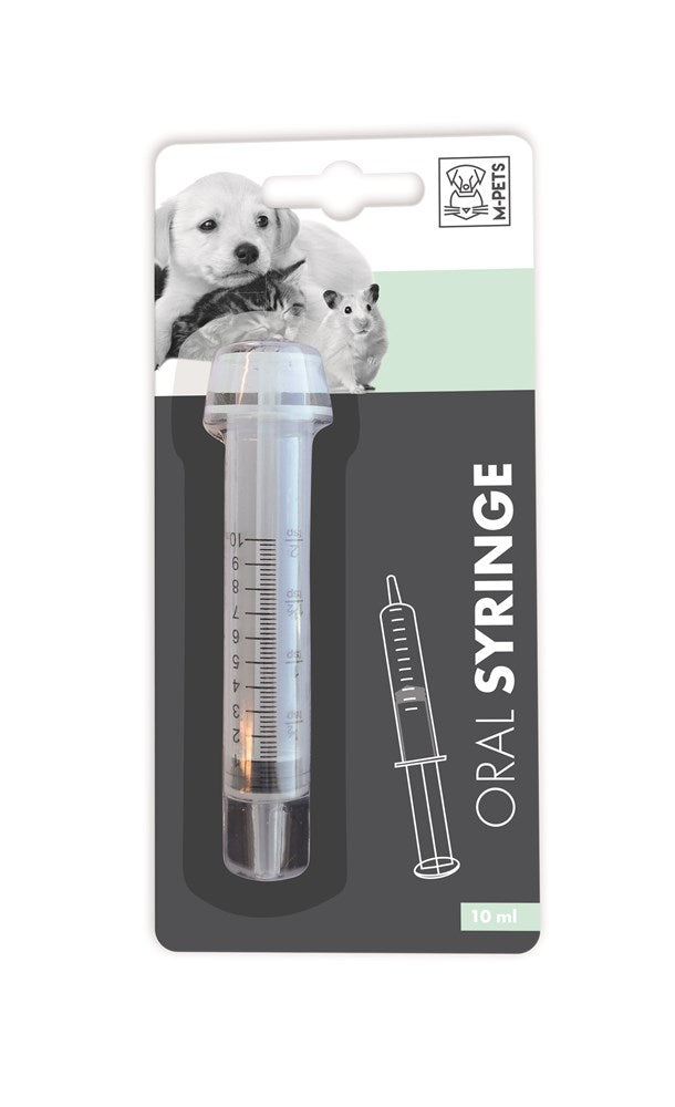 A 10 ml pet oral syringe in clear plastic with measurement markings, mounted on a retail blister card. The packaging features a photo of a puppy, a small rodent, and the text 'ORAL SYRINGE' and '10 ml' at Pet Servo