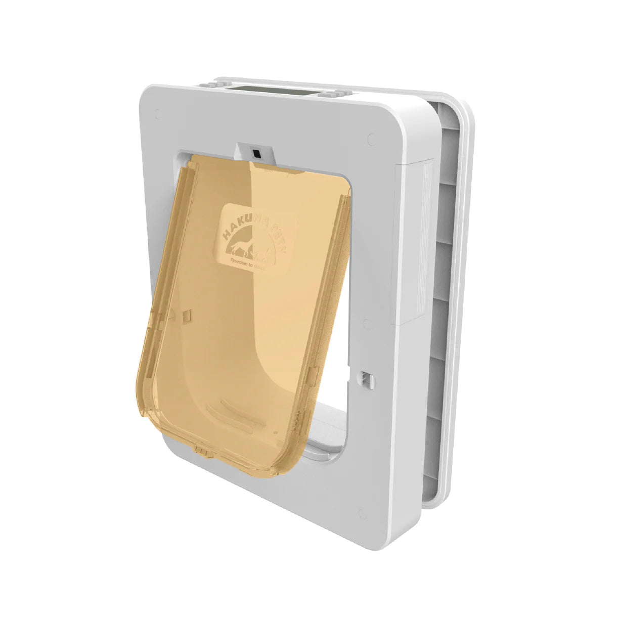 Pet door with gold flap on a white background