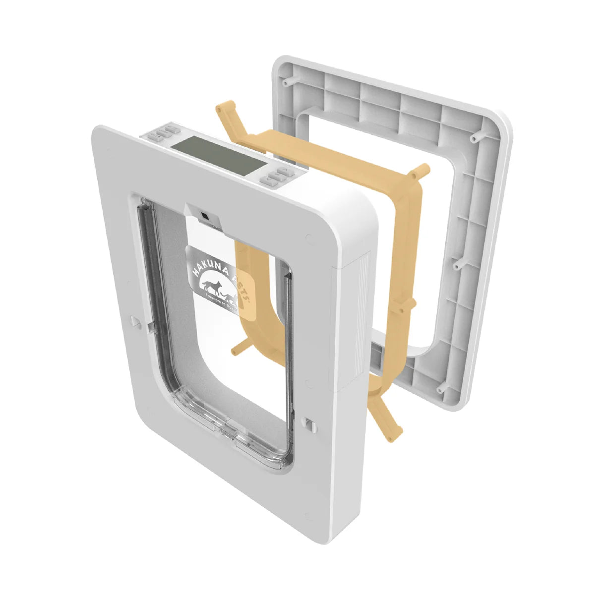 Pet door with a white frame and gold latch on a white background