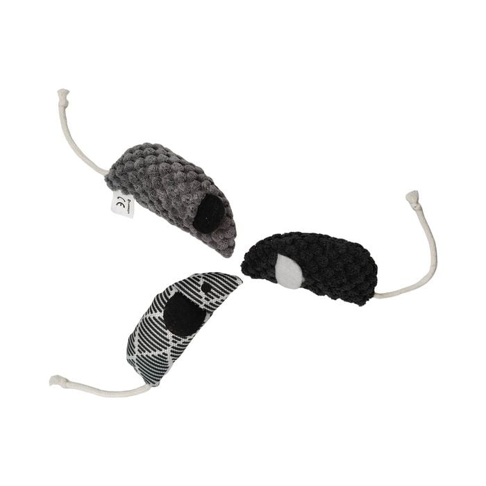 Cat toy set with a tunnel, striped mouse, and black mouse on a white background