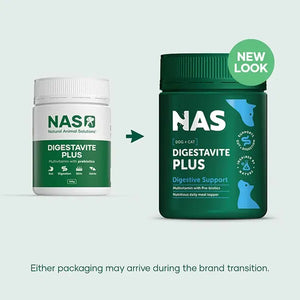Two containers of NAS Digestavite Plus on a light gray background with 'NEW LOOK' label.