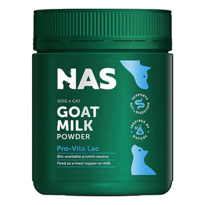 Green container of NAS Goat Milk Powder for dogs and cats on a white background