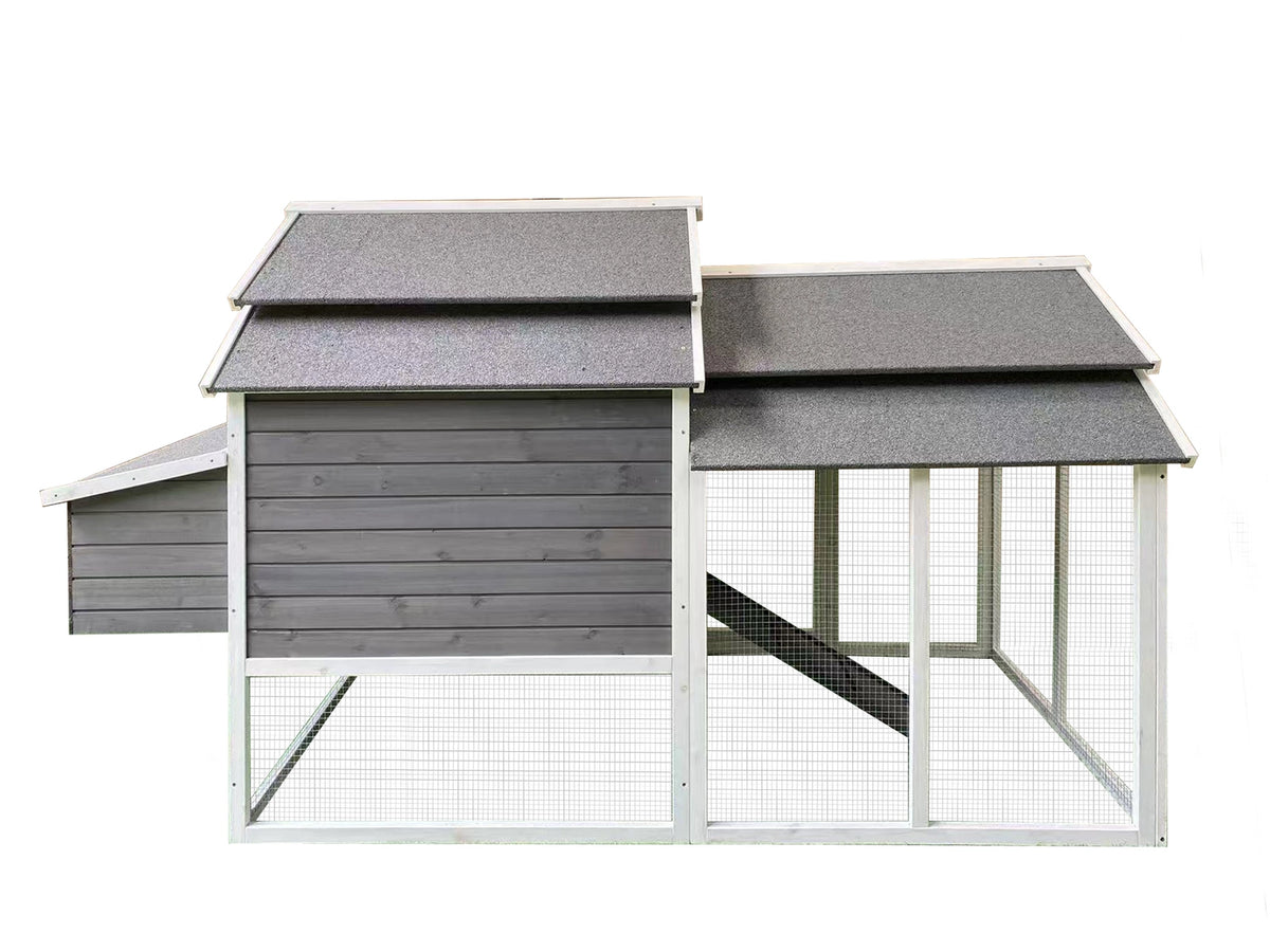 A gray wooden rabbit hutch with a wire mesh run and elevated roof, shown against a plain white background at Pet Servo