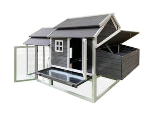 A dark gray wooden chicken coop with a white metal frame, featuring a raised roof, open door, raised nesting box, and attached wire mesh enclosure on a white background at Pet Servo