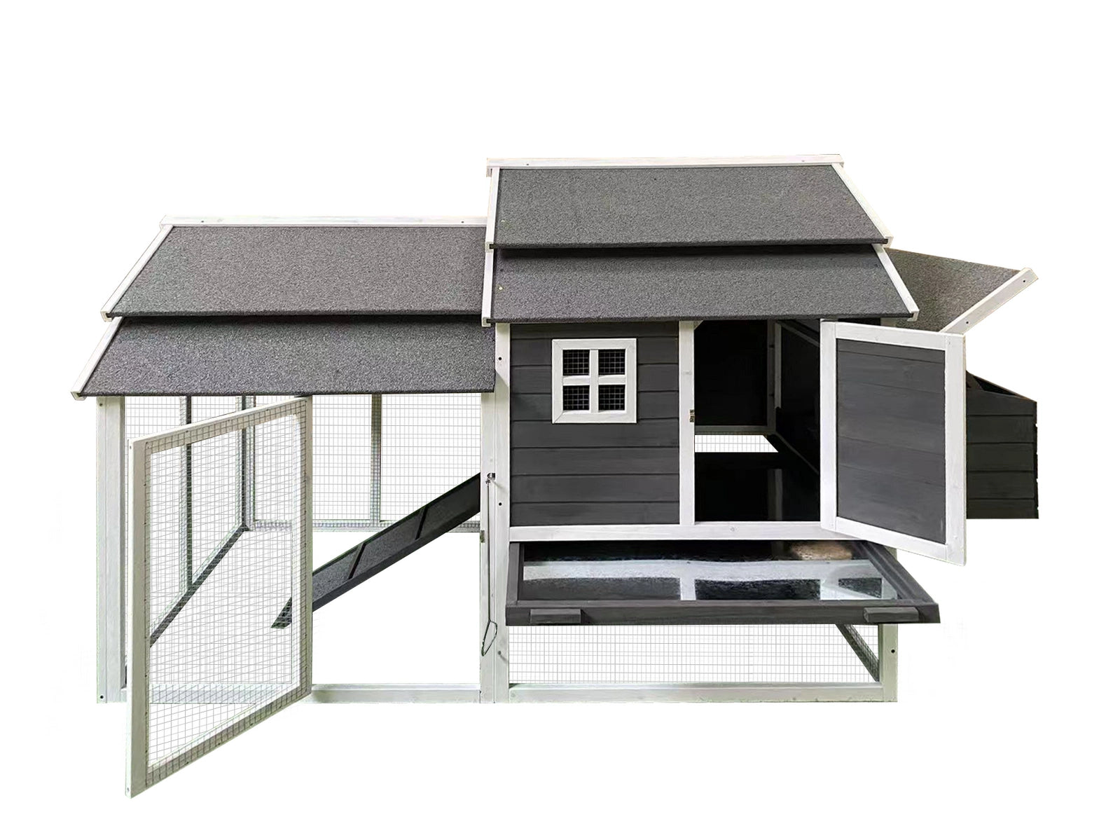A dark gray and white chicken coop with an attached run and elevated coop structure, shown on a plain white background at Pet Servo