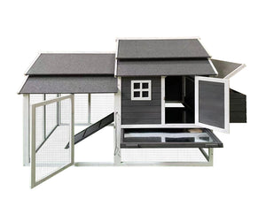 A dark gray and white chicken coop with an attached run and elevated coop structure, shown on a plain white background at Pet Servo