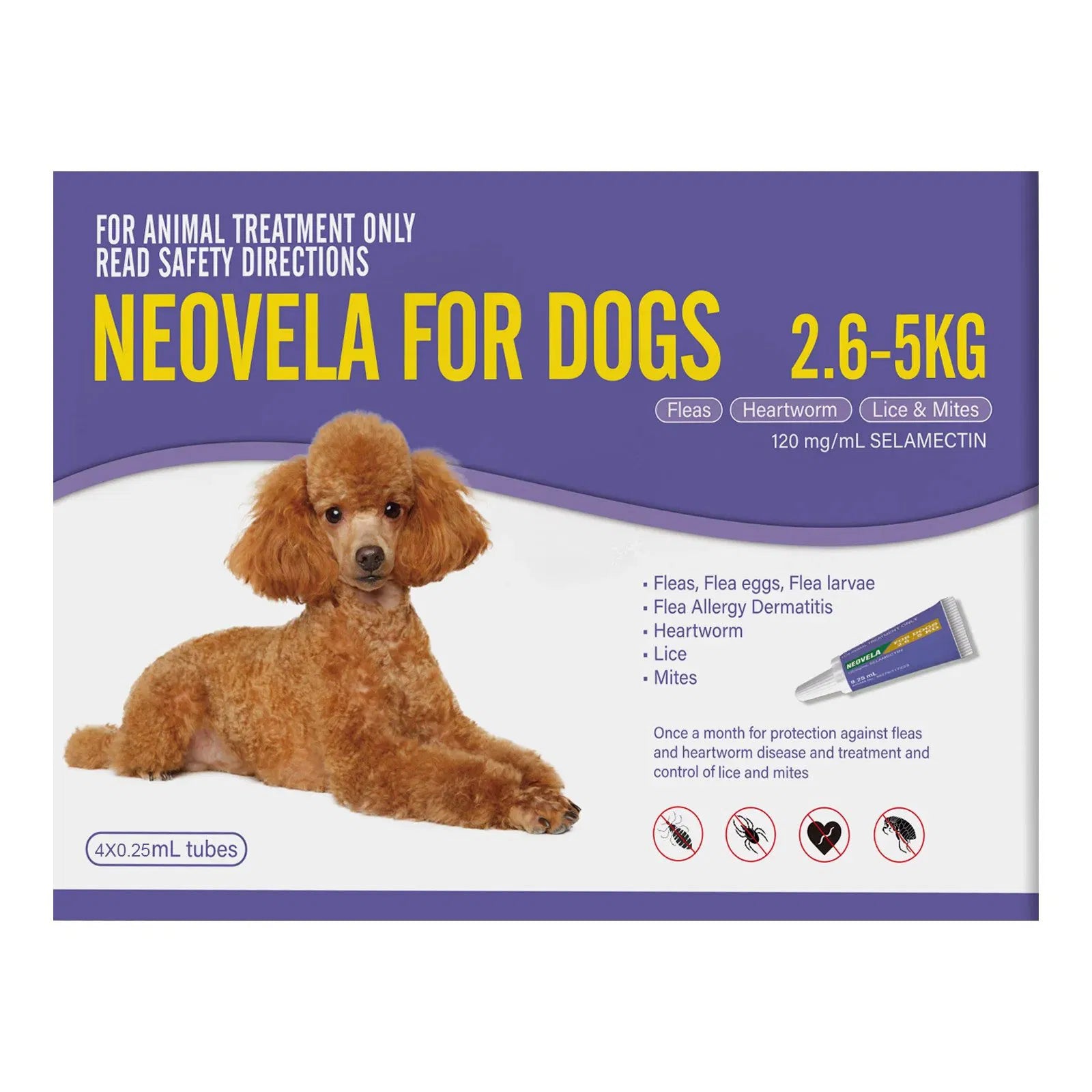 Neovela for dogs packaging with a dog illustration on a white background 2.6 to 5kg at petservo purple