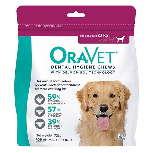 OraVet dental hygiene chews packaging for dogs with a dog on the label at Pet Servo