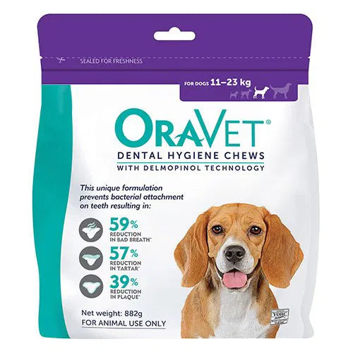 Oravet Dental Hygiene Chews packaging for dogs with a purple and teal design at Pet Servo