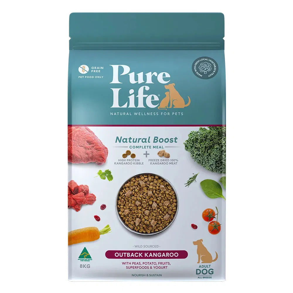 Pure Life dog food package with natural ingredients on a white background at Pet Servo