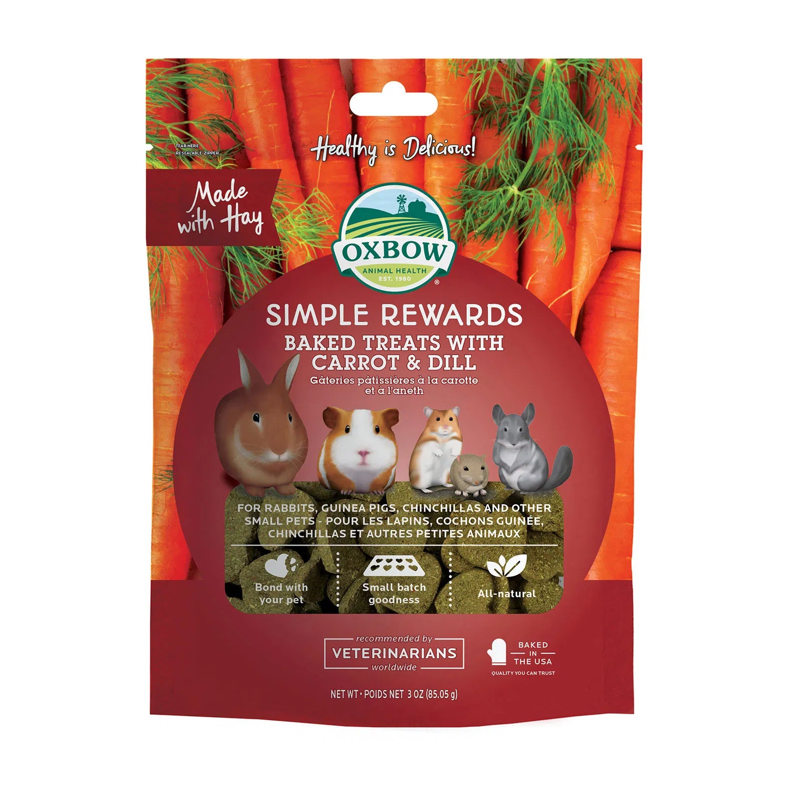 Oxbow Simple Rewards baked treats packaging with carrots and dill on a white background at Pet Servo