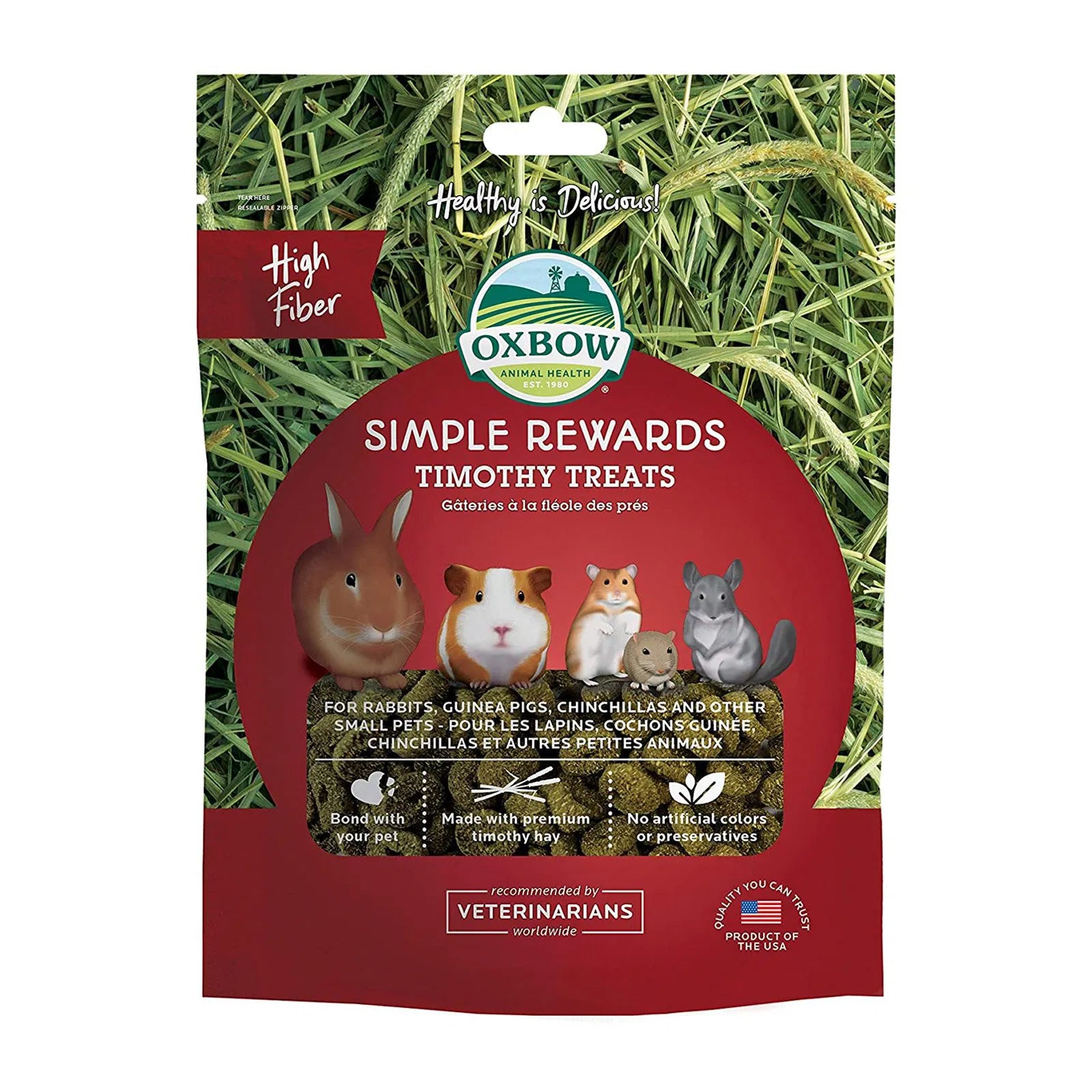Oxbow Simple Rewards Timothy Treats packaging with images of small animals on a green hay background at Pet Servo