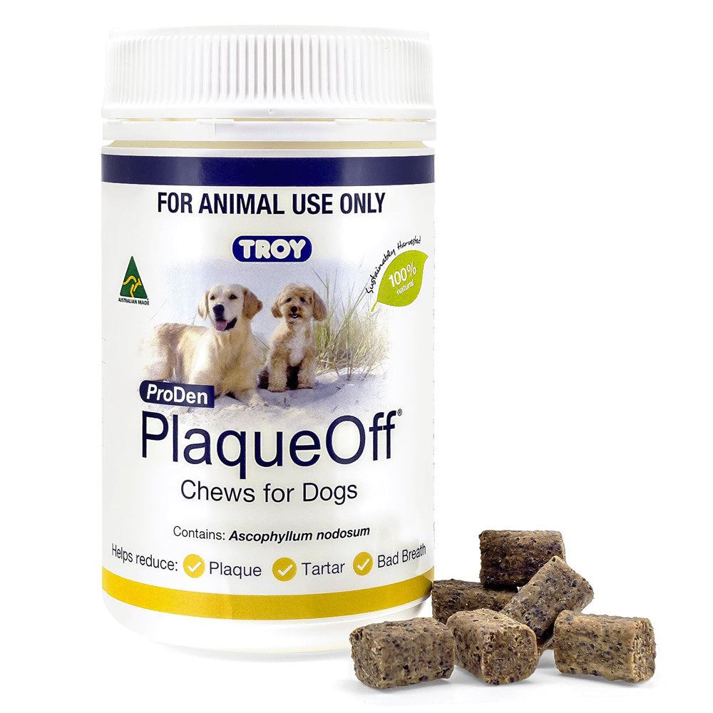 Troy ProDen PlaqueOff Chews for Dogs packaging with chews displayed on a white background at Pet Servo