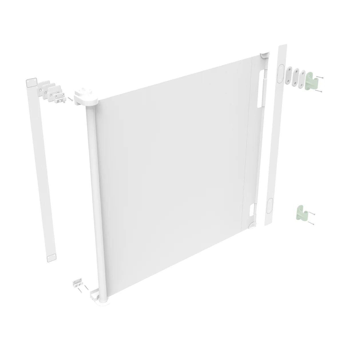 White baby gate with adjustable straps on a white background