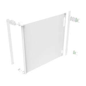 White baby gate with adjustable straps on a white background