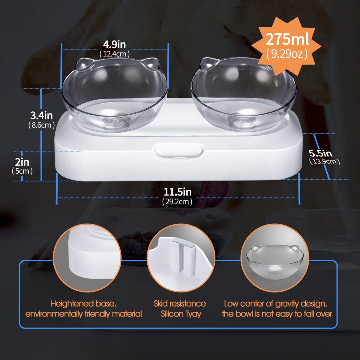 Pet bowl with measurements and features on a dark background at Pet Servo