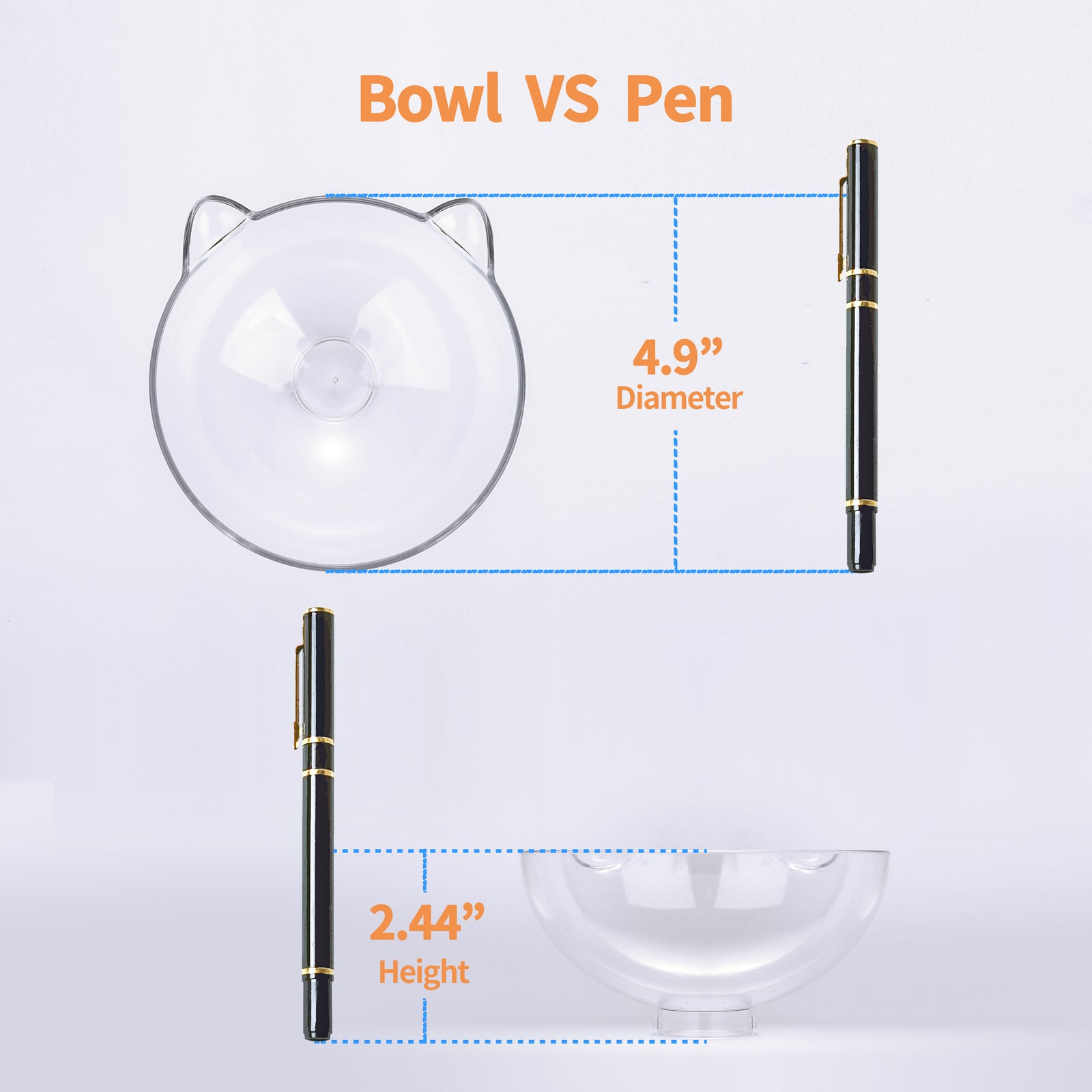 Comparison of a clear bowl and a pen with measurements on a light gray background at Pet Servo