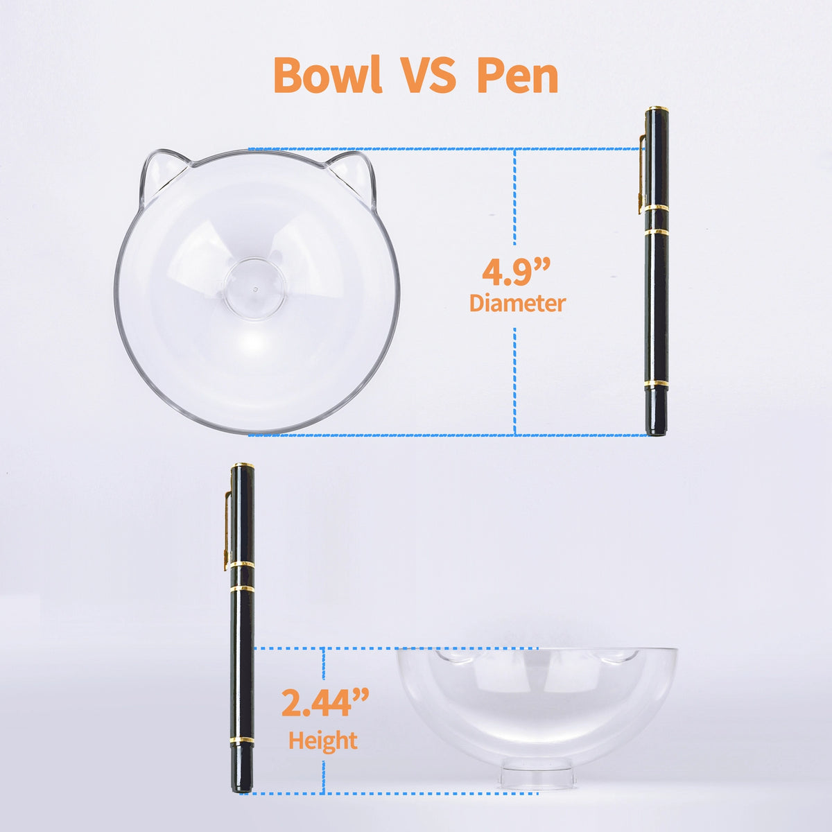 Comparison of a clear bowl and a pen with measurements on a light gray background at Pet Servo