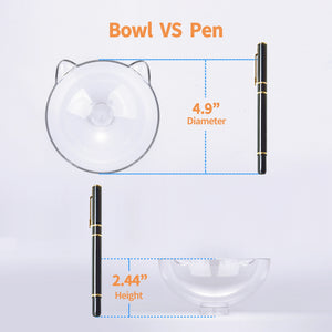 Comparison of a clear bowl and a pen with measurements on a light gray background at Pet Servo