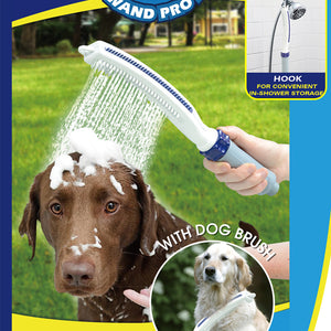 Dog being washed with a handheld shower head and a dog brush, with promotional text and images of the product at Pet Servo