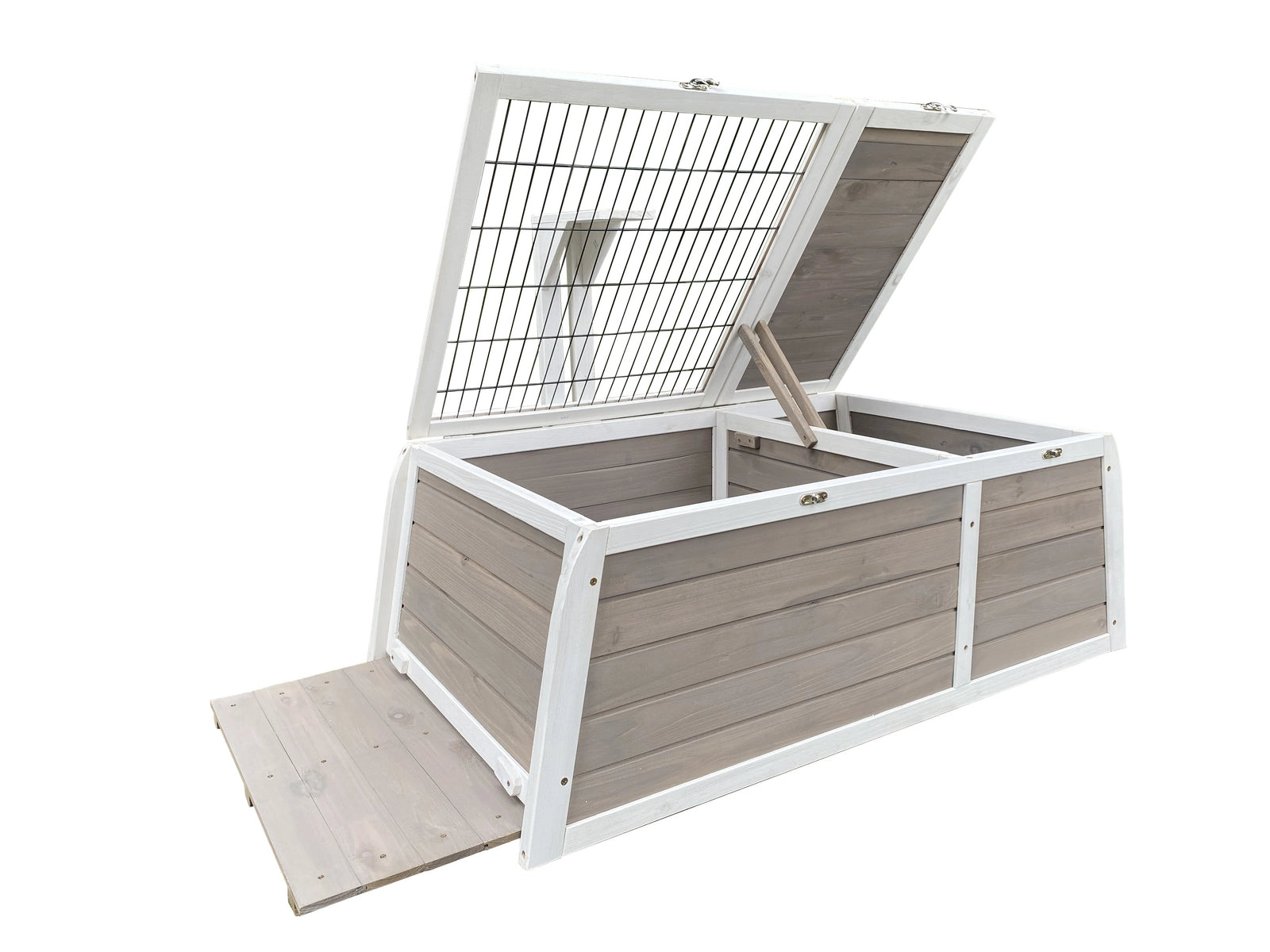 A wooden storage crate or bin with a hinged lid, shown open on a white background. The crate has light gray wood-grain panels and a white metal frame, with a small ramp leading up to the open lid at Pet Servo