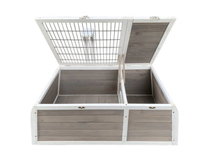 An open wooden storage box with a white frame and gray-brown wood panels, featuring a wire mesh lid on a white background at Pet Servo