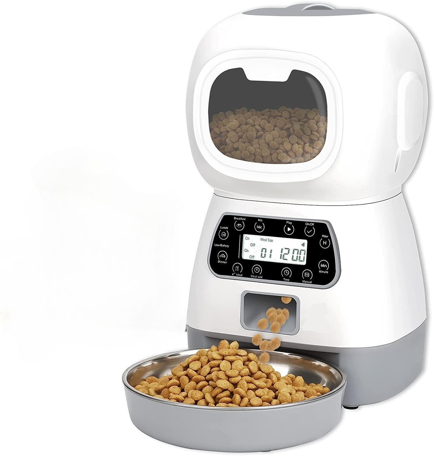 Automatic pet feeder with a bowl of food on a white background at Pet Servo