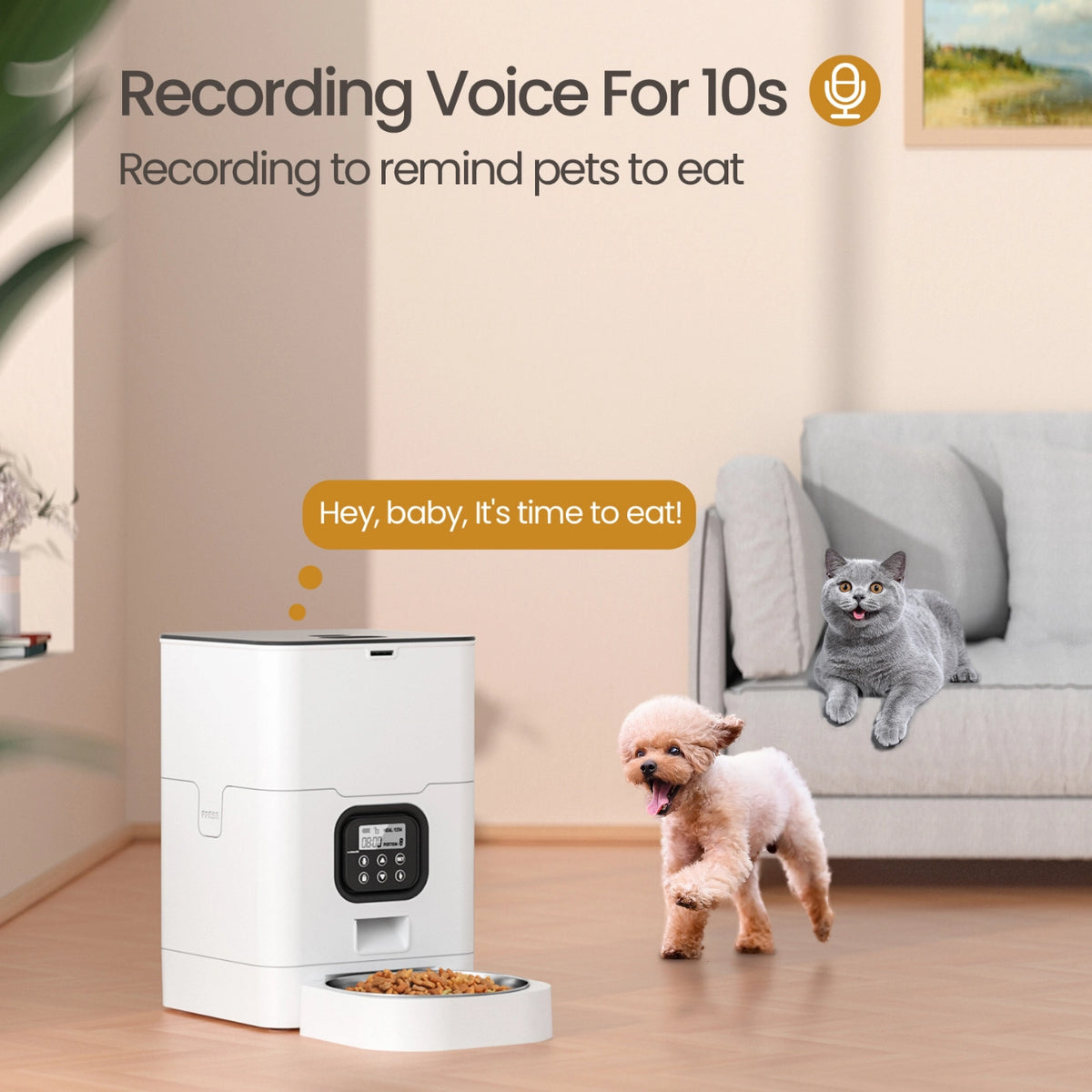 Pet feeder with a cat and dog in a living room setting, featuring a voice reminder for pet owners at Pet Servo