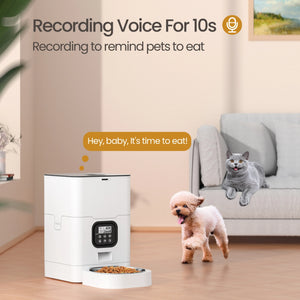 Pet feeder with a cat and dog in a living room setting, featuring a voice reminder for pet owners at Pet Servo