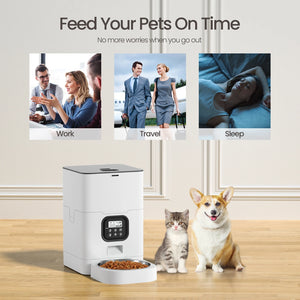 Pet feeder with a dog and cat in front of it, with images of people working, traveling, and sleeping above at Pet Servo