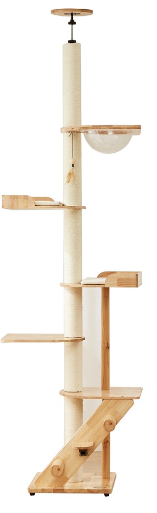 Wooden cat tree with multiple levels and a hanging ball on a white background at Pet Servo
