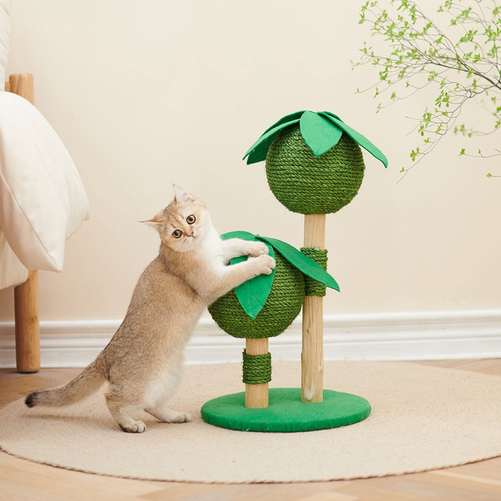 Cat playing with a green cat tree toy on a wooden floor at Pet Servo