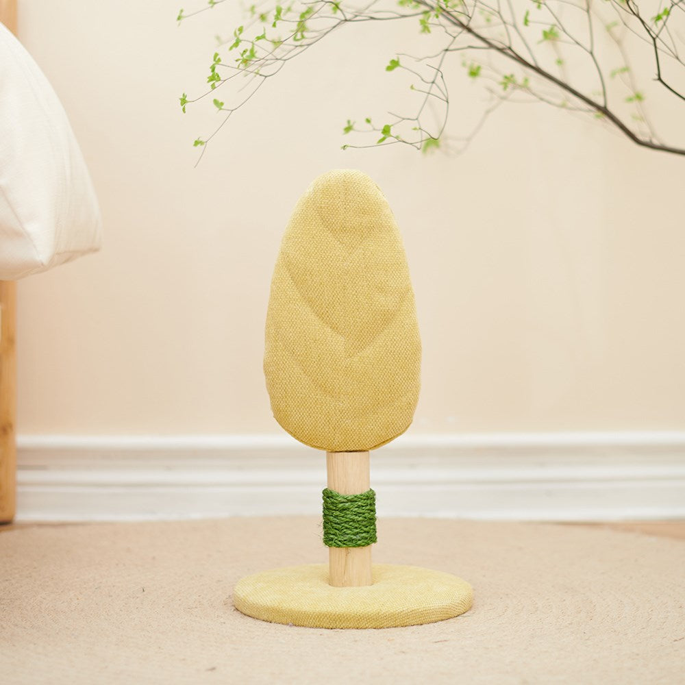 Tree-shaped cat toy with a green base on a beige carpet at Pet Servo