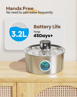Pet water fountain with battery life indicator on a wooden surface at Pet Servo