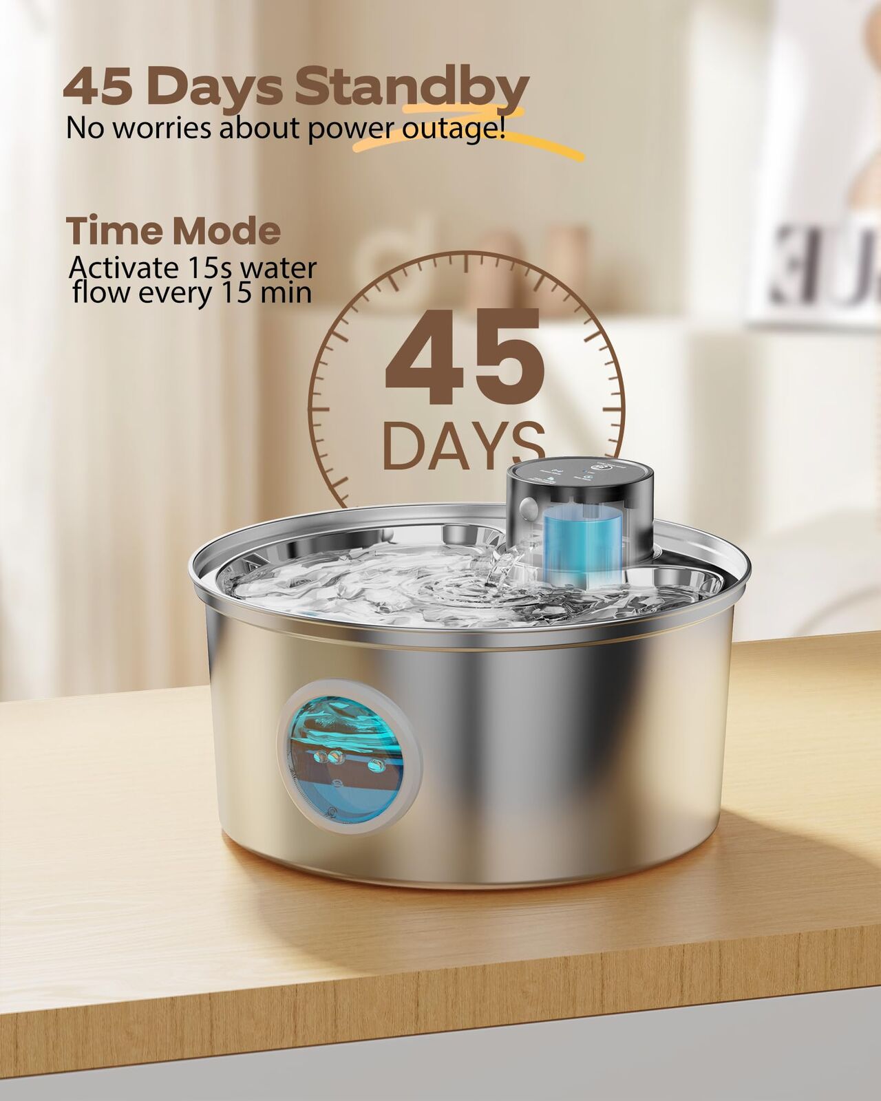 Stainless steel pet water fountain with 45-day standby feature on a wooden surface at Pet Servo