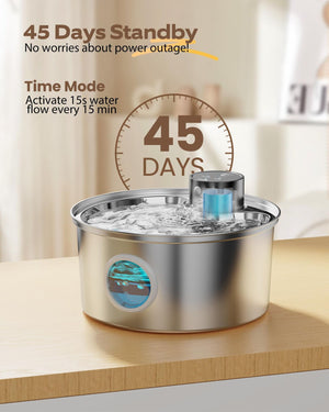 Stainless steel pet water fountain with 45-day standby feature on a wooden surface at Pet Servo