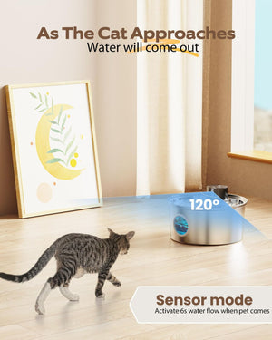 Cat approaching a water fountain with text indicating sensor mode and temperature at Pet Servo