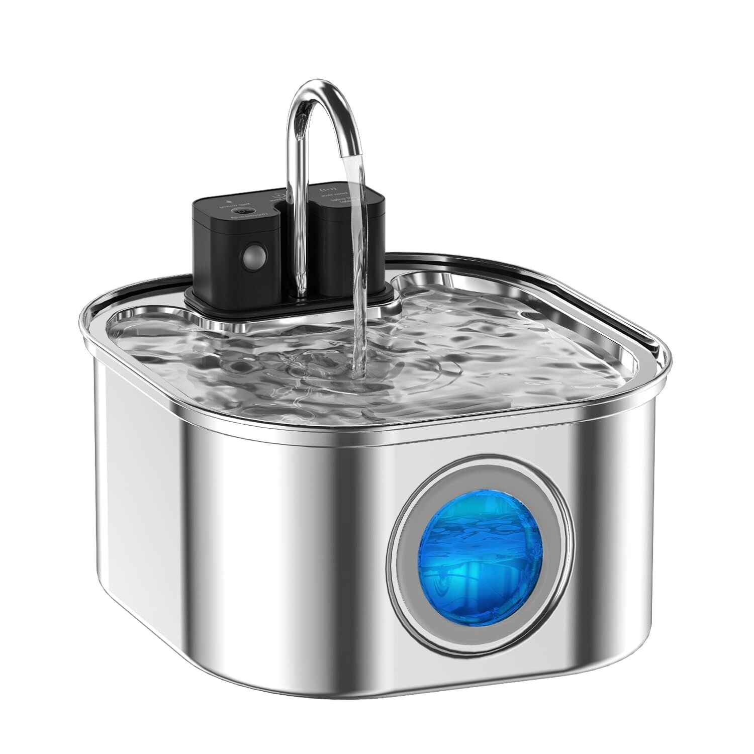 Stainless steel pet water fountain with blue light on a white background at Pet Servo