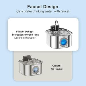 Stainless steel pet water fountain with faucet design on a light blue background at Pet Servo