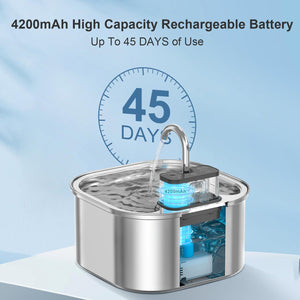Pet water fountain with 4200mAh battery capacity on a light blue background at Pet Servo