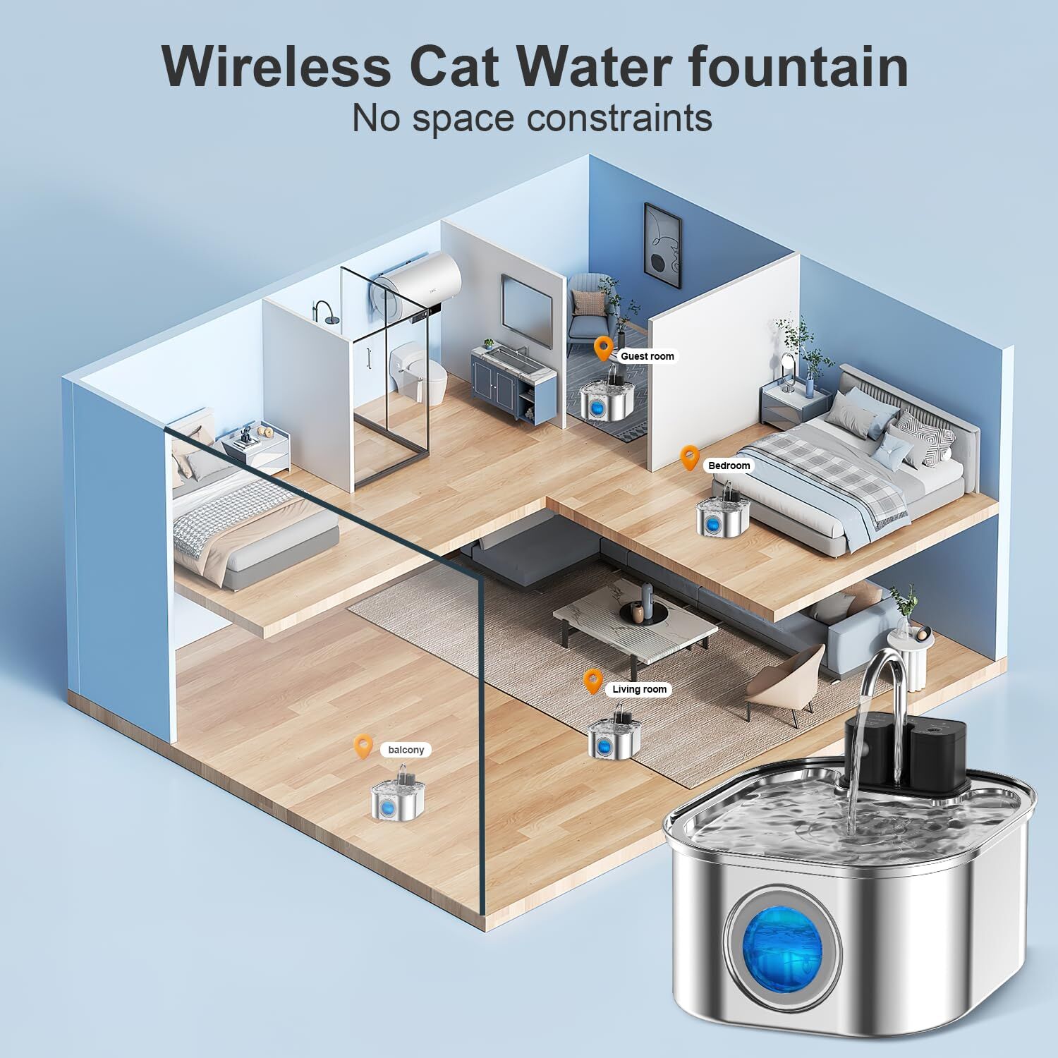Wireless cat water fountain with a modern home layout showing its convenience at Pet Servo