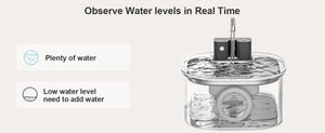 Water level indicator with text on water levels and a water dispenser at Pet Servo