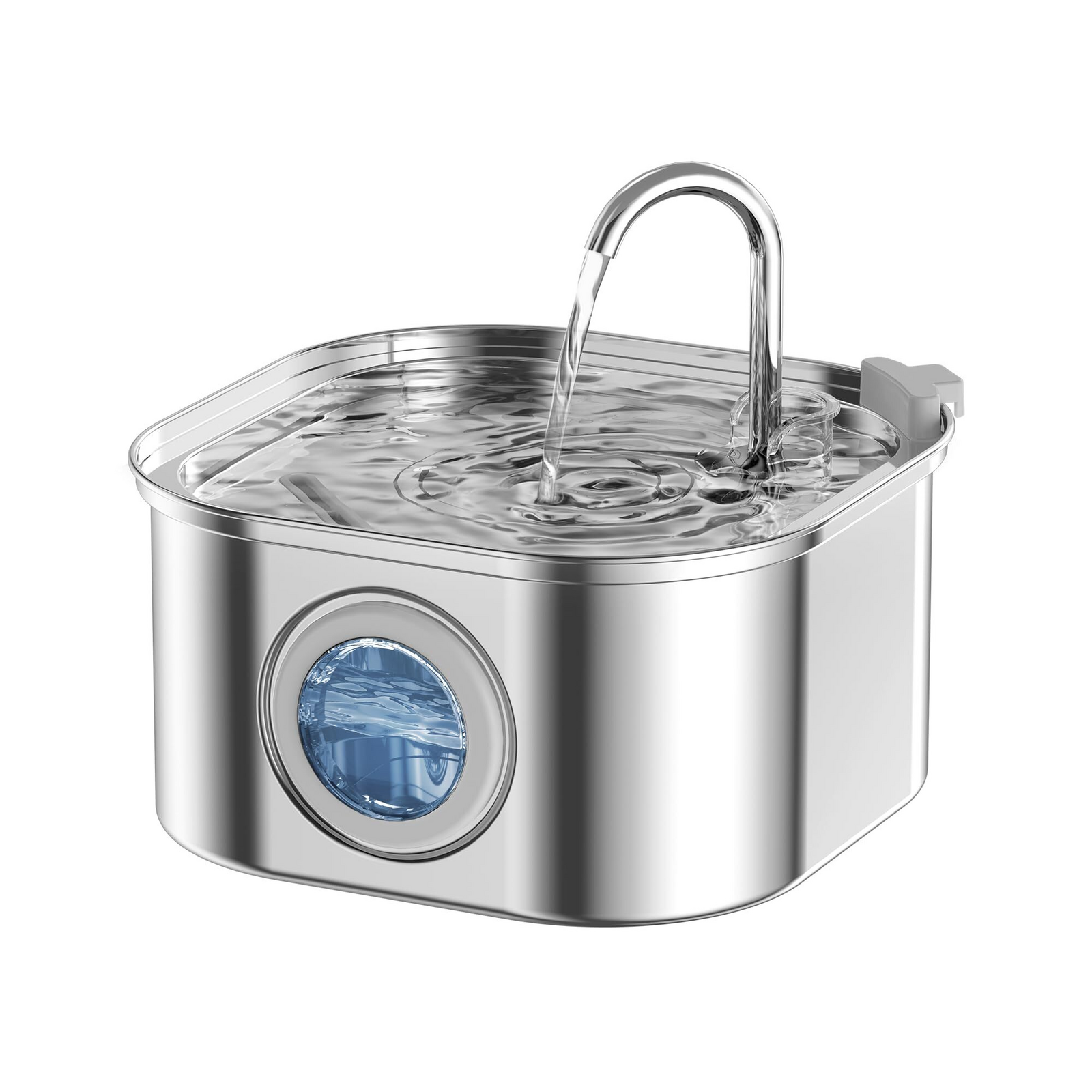 Stainless steel pet water fountain on a white background at Pet Servo
