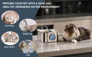 Cat drinking from a water fountain with health benefits highlighted on a blue background at Pet Servo